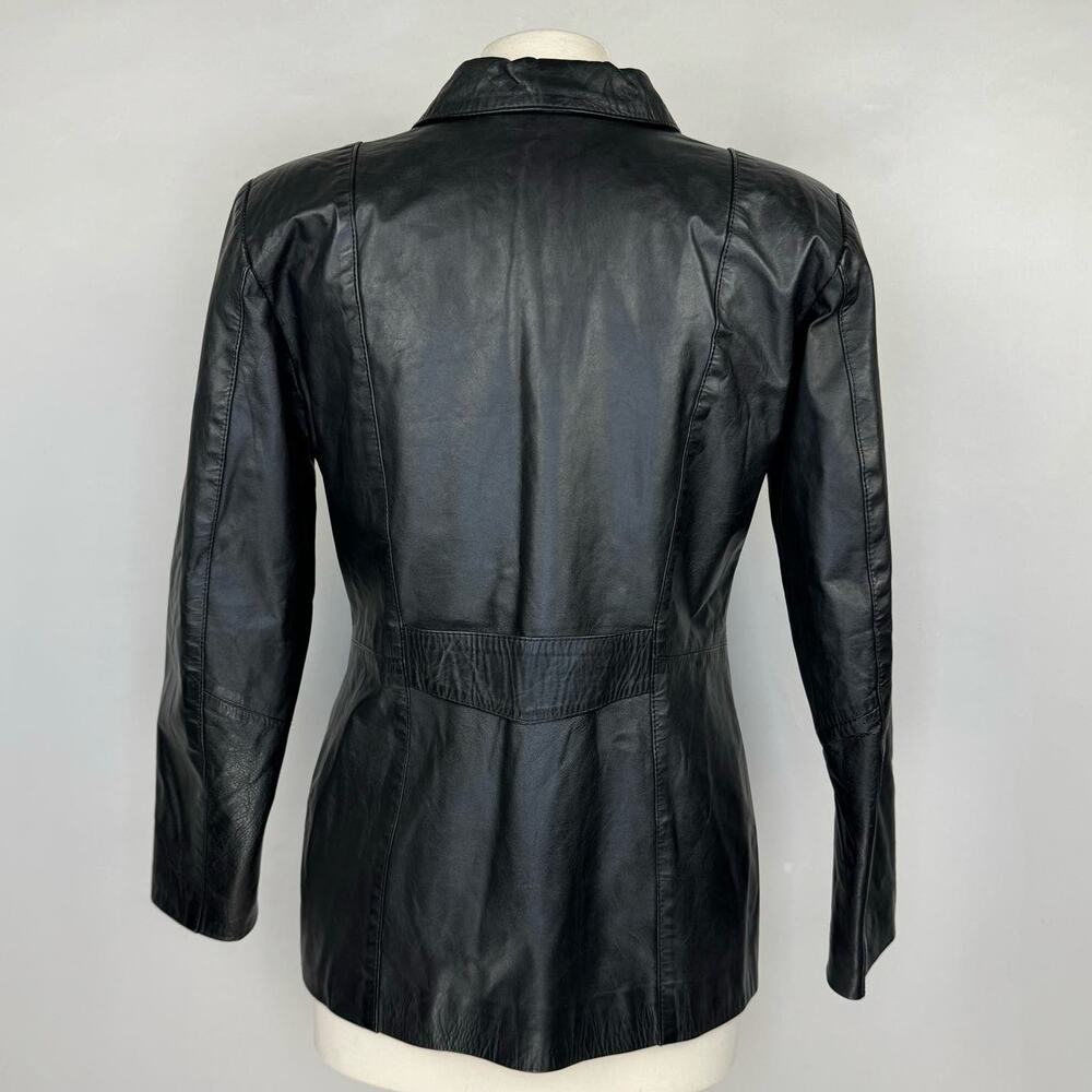 VTG Black Leather 90s Classic Lined Collared‎ Button Up Jacket Women's Large - Picture 2 of 11